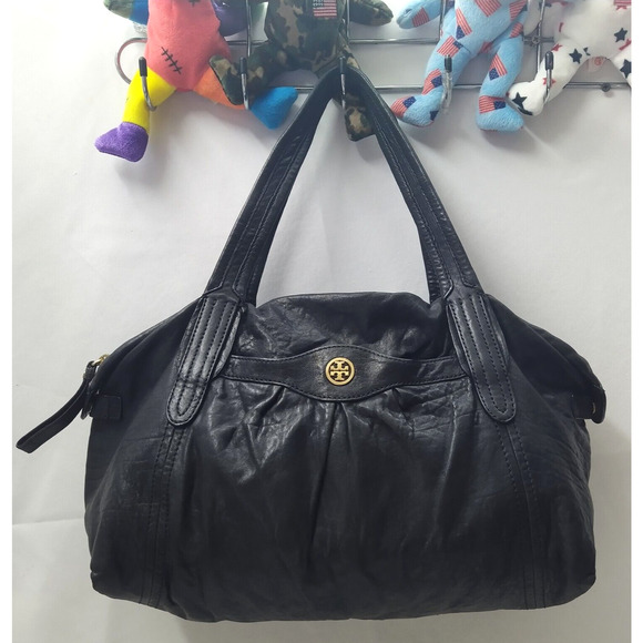 Tory Burch Black Soft Leather Double Handles Satchel Shoulder Bag W/ Mirror - Picture 3 of 16